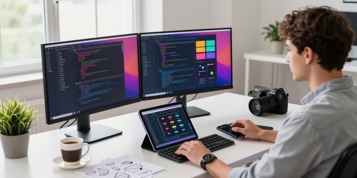 Developer coding at a modern desk with dual monitors, embodying WPS Official Website's innovative tech workspace.