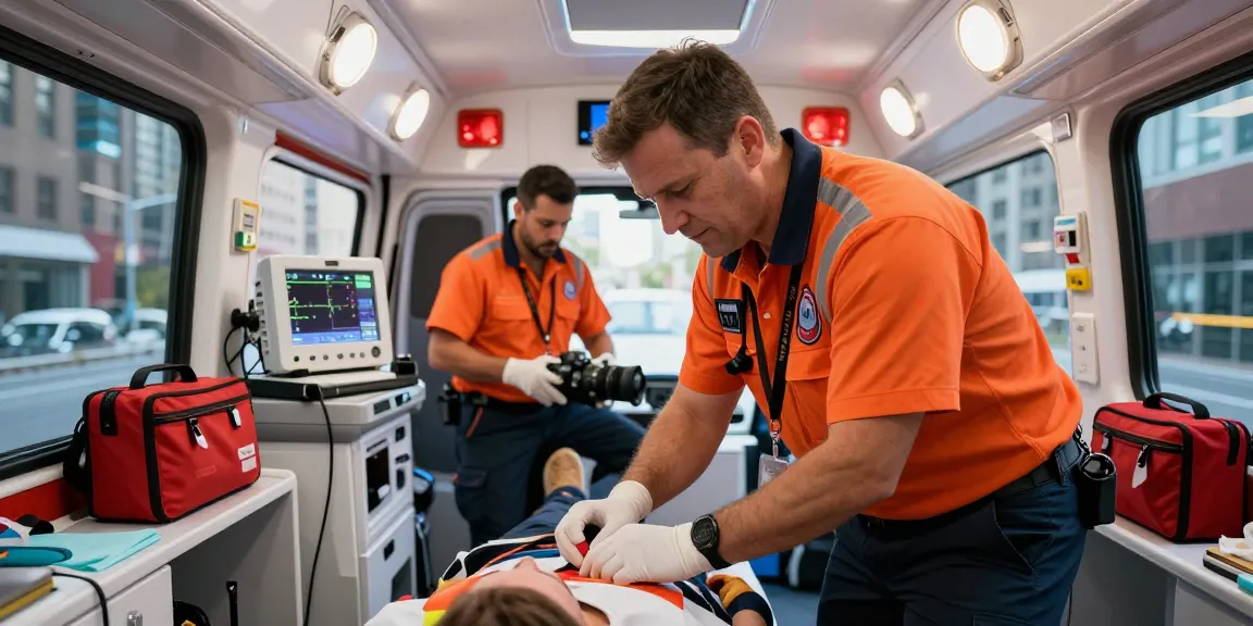 Emergency medical technician using équipement paramedic to care for a patient in an ambulance.