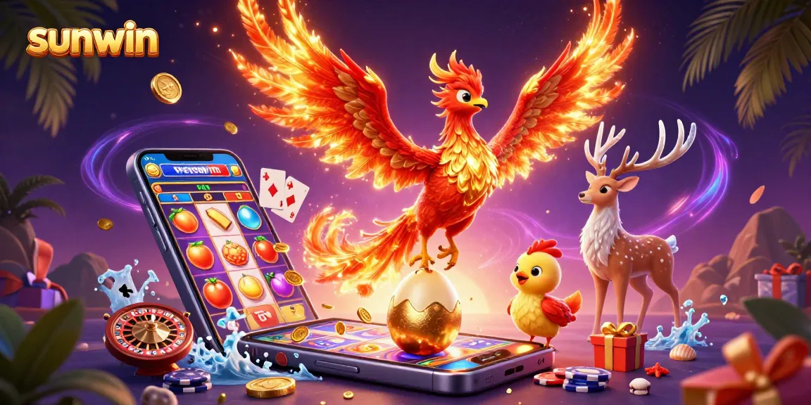 Experience thrilling gaming at sunwin with a colorful slot game featuring a phoenix and baby chick in a vibrant, dynamic scene.