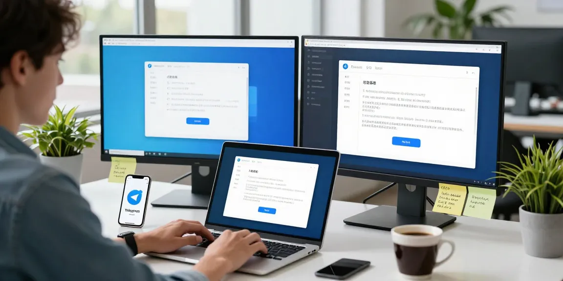 User setting up Telegram Chinese interface on laptop in a modern tech workspace.