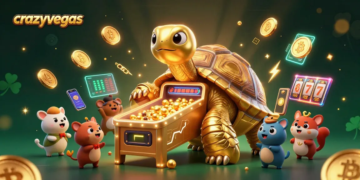 Experience the thrill of crazyvegas with an interactive pinball tortoise surrounded by crypto coins.