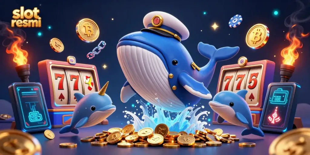 Experience excitement with slot resmi as a gigantic whale and friends celebrate amidst coins and slot reels.