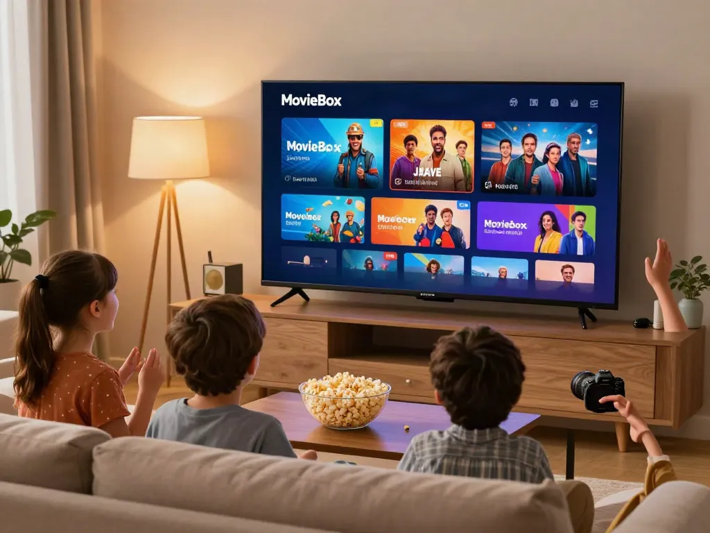 Family enjoying a movie night with the download moviebox app on their smart TV.